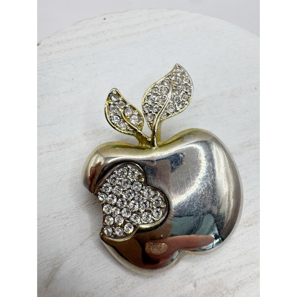 Bitten Apple Pave Rhinestone Brooch Pin Signed EB Teacher Kitschy